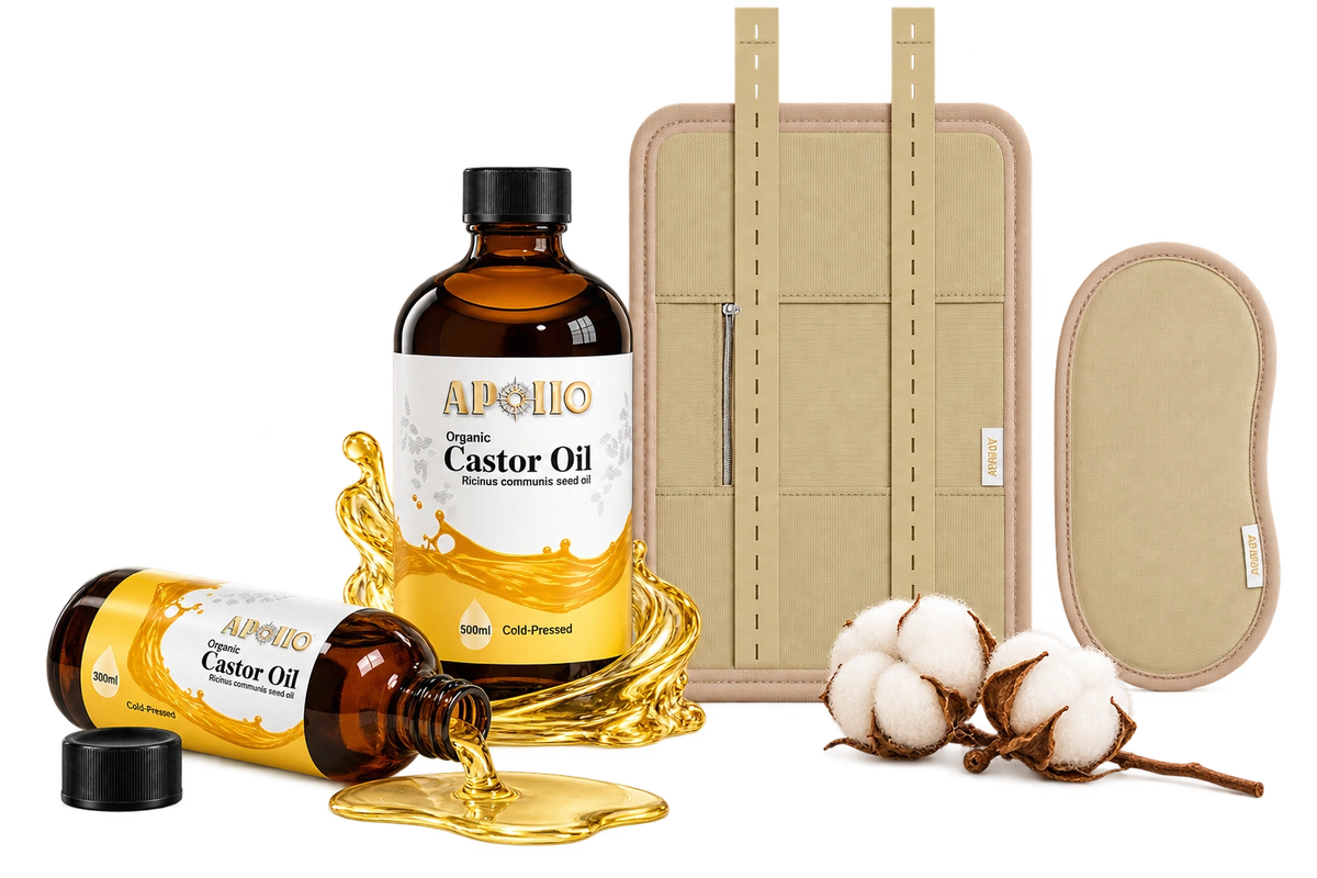 Apollo Organic Castor Oil bottles with organic cotton castor oil wraps