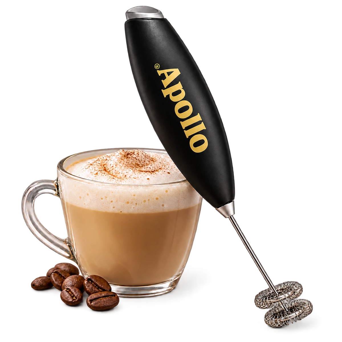 Apollo milk frother with a frothed coffee