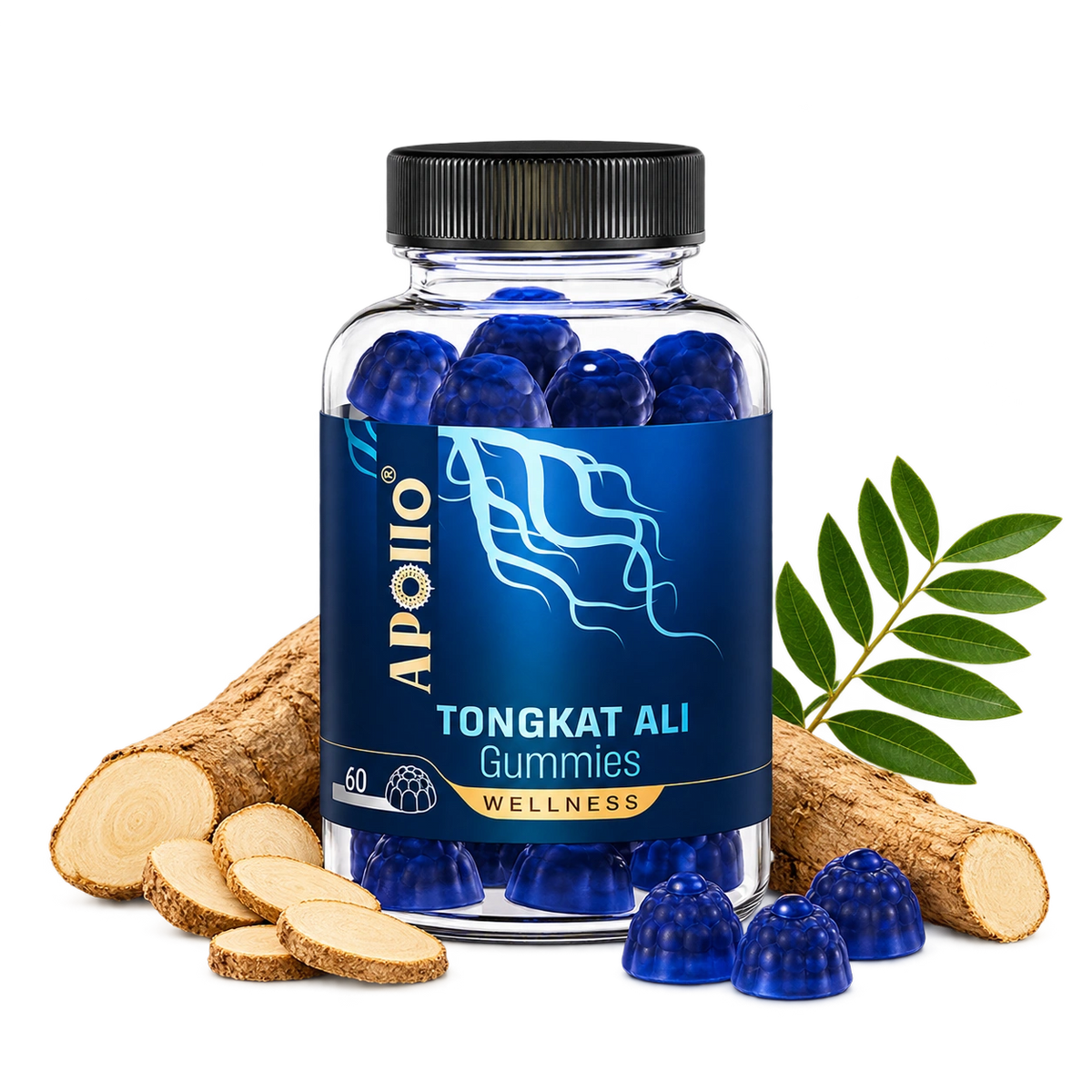 Apollo Tongkat Ali Gummies with tongkat ali root and leaves
