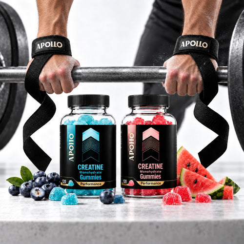 Apollo Creatine Gummies in blueberry and watermelon with Apollo lifting straps